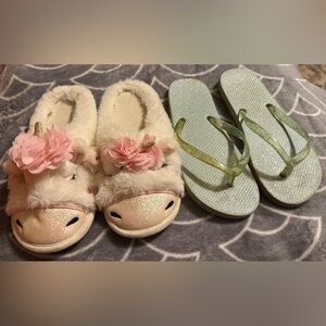 Unicorn Slippers and Glitter Flip Flops girls size 2